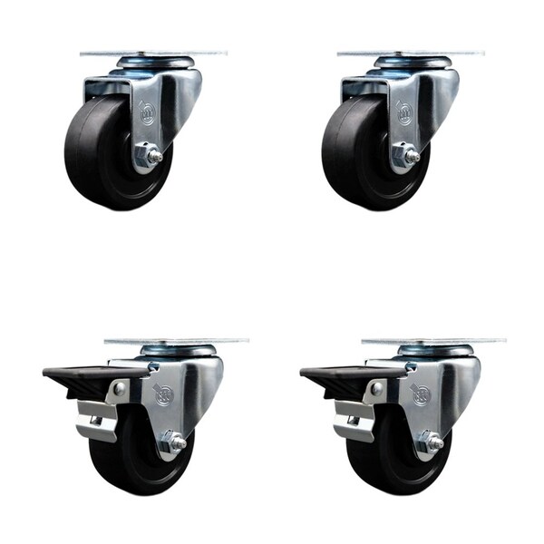 3'' Soft Rubber Wheel Swivel Top Plate Caster Set with 2 Posi Brakes, 4PK